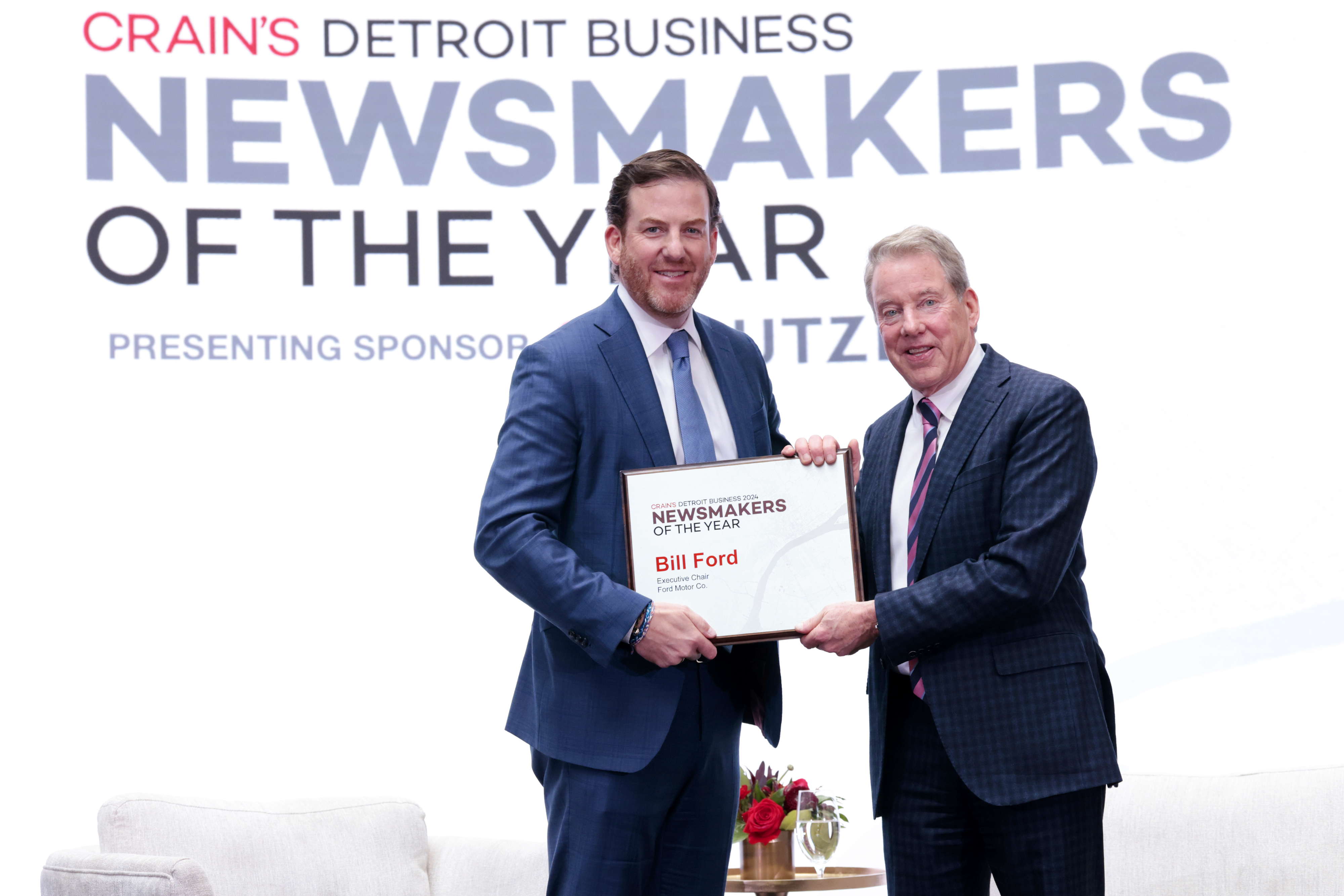 KC Crain, CEO at Crain Communications, left, and Ford Executive Chair Bill Ford. Ford was celebrated as Crain's 2024 Newsmaker of the Year at a luncheon on Feb. 20, 2025, inside the revitalized Michigan Central Station.